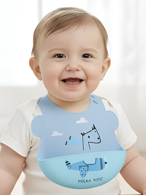Polka Tots Waterproof Silicone Bibs with Pocket and Adjustable Snaps (Aeroplane)