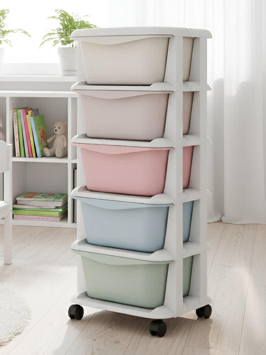 White storage unit with colorful bins on wheels in a room setting.