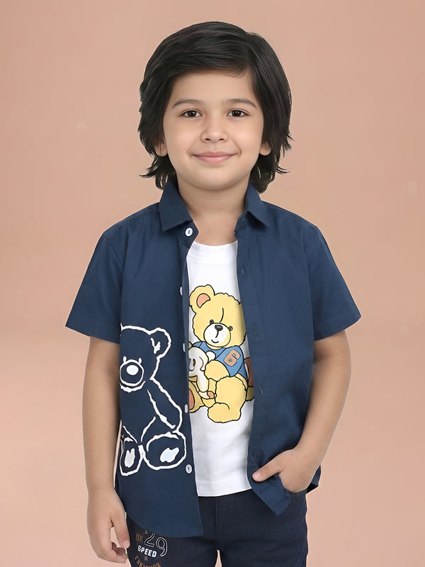 Polka Tots Half Sleeves Teddy print T-shirt shirt - Navy Blue