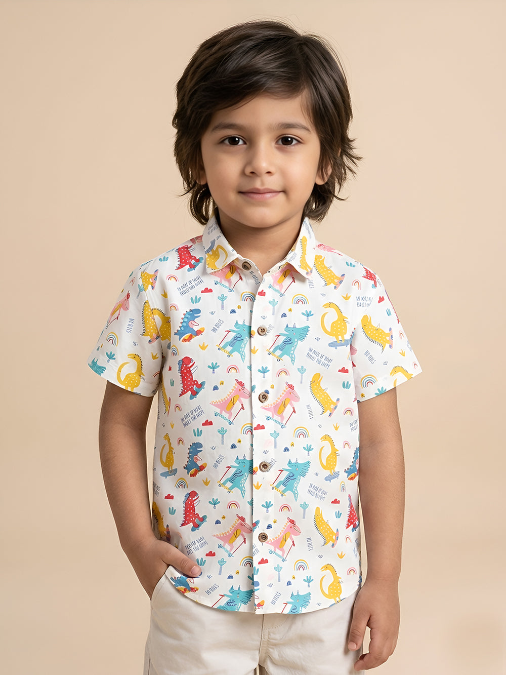 Polka Tots Half Sleeves Dinosour Print  Shirt - White