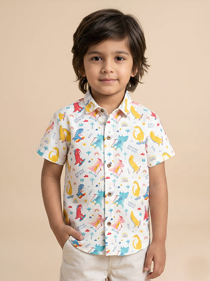 Polka Tots Half Sleeves Dinosour Print  Shirt - White