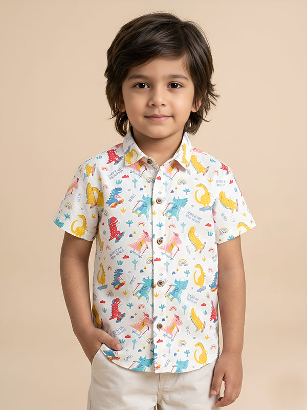 Polka Tots Half Sleeves Dinosour Print  Shirt - White