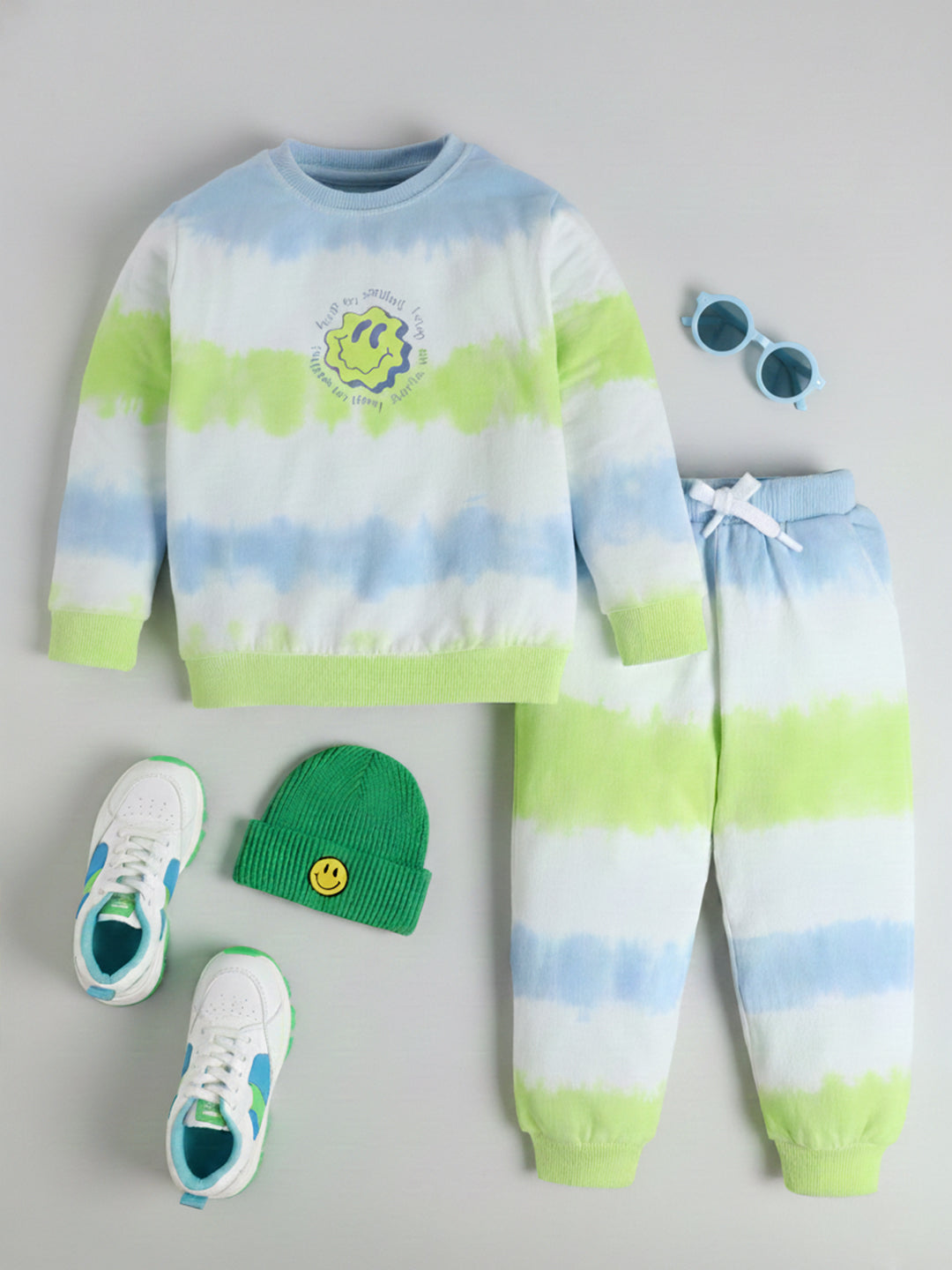 Polka Tots Full sleeve Tie-Dye Smiley Sweatshirt & Co-ord Jogger Set - Green & Blue