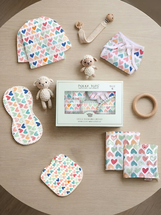 Polka Tots Newborn Pack of 6 100% Soft Double-Layer Muslin Cotton Essentials Gift Box - Mini Hearts Print
