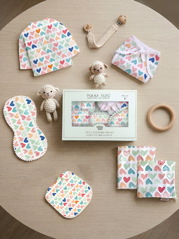 Polka Tots Newborn Pack of 6 100% Soft Double-Layer Muslin Cotton Essentials Gift Box - Mini Hearts Print