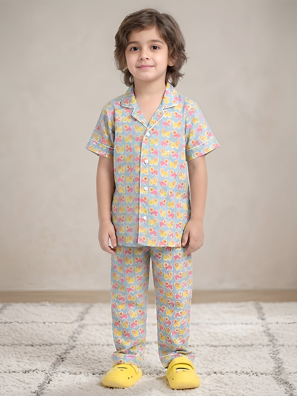 Polka Tots Half Sleeves Lion print Night Suit - Light Blue