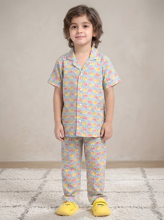 Polka Tots Half Sleeves Lion print Night Suit - Light Blue