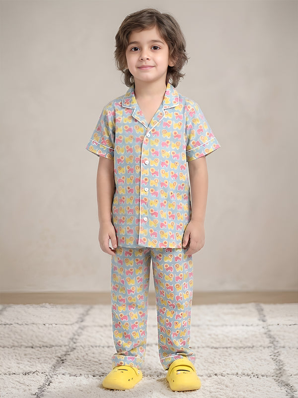 Polka Tots Half Sleeves Lion print Night Suit - Light Blue