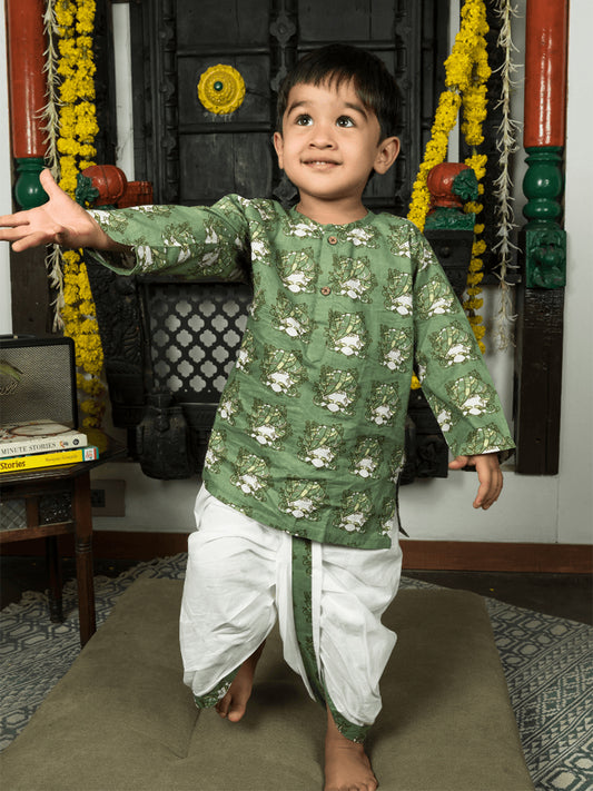 Polka Tots 100% Super Soft Cotton Tribal Print Full Sleeve Kurta With Dhoti Set - Green