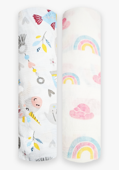 Polka Tots Rainbow Mist & Hello Baby Print Swaddles (Pack of 2)