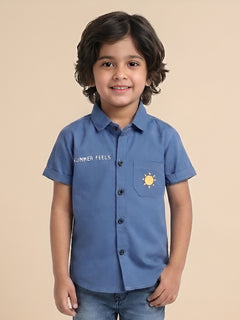 Polka Tots Half Sleeves Text Print Detailing Shirt - Blue