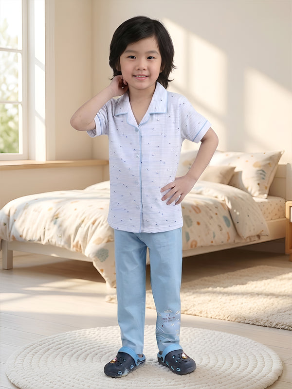 Polka Tots Half sleeves Boat Print Night Suit - Blue