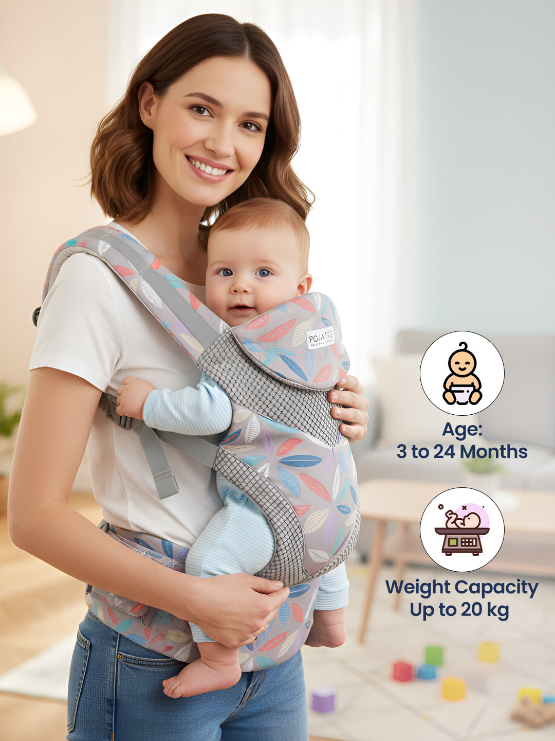 Woman holding a baby in a carrier with product details on a light background
