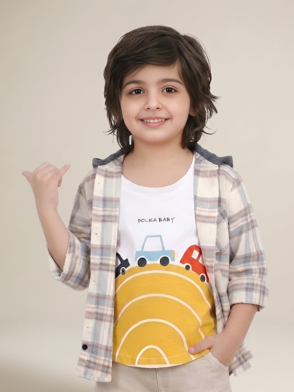 Polka Tots Full Sleeves Polka Baby print Shirt With Attached Tshirt - Cream