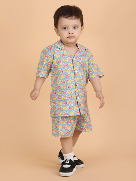Polka Tots Half Sleeves Lion Print Co-ords - Multicolor