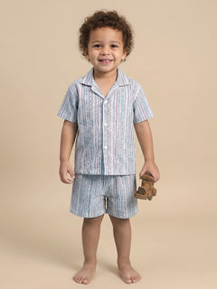 Polka Tots Cotton Half Sleeves Stripes print Co-ords - Blue