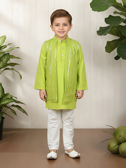Polka Tots Full Sleeve Ethnic Kurta Pyjama Set with Foil Striped Koti - Neon Green