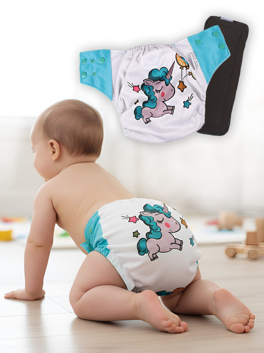 Baby wearing a white diaper with cartoon design on a light wooden floor.