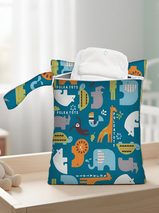 Wet Bag with cartoon animal design on a wooden surface