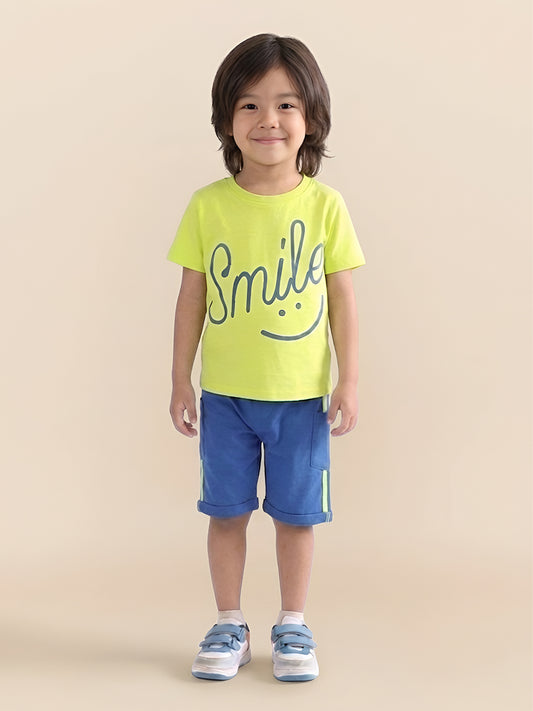 Polka Tots Half Sleeves Smile print T-Shirt Shorts - Neon and Blue