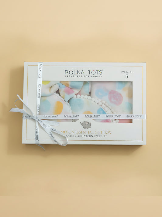 Polka Tots Newborn Pack of 5 100% Soft Double-Layer Muslin Cotton Essentials Gift Box – Polka Dots Print