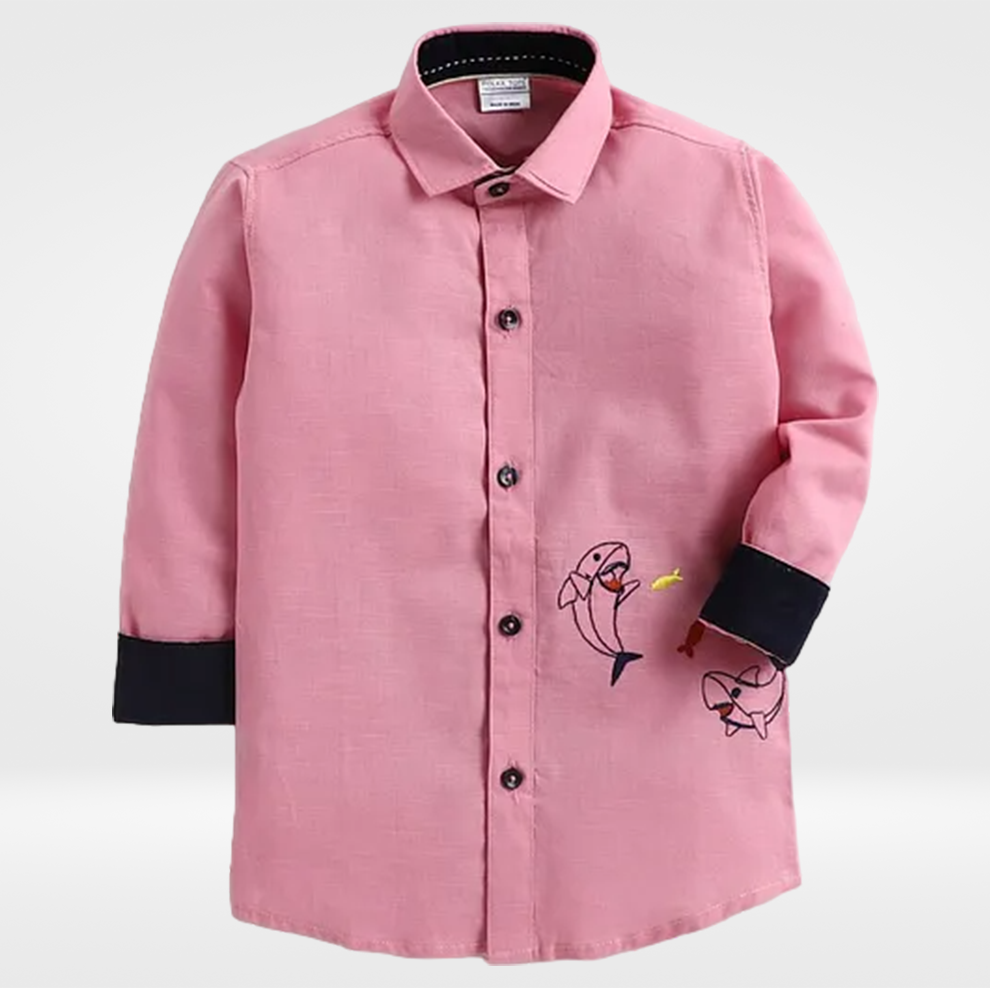 Polka Tots Full Sleeve Dolphin Embroidery Shirt - Pink