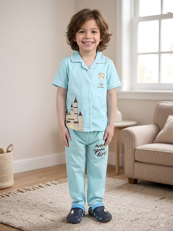 Polka Tots Half sleeves My Prince Print Night Suit - Aqua