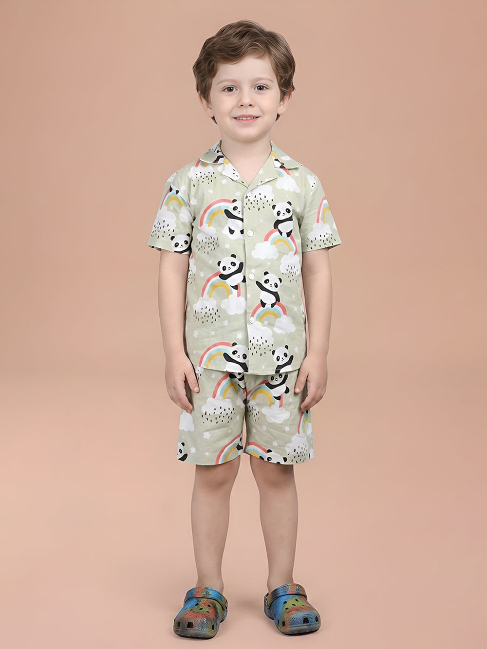 Polka Tots Half Sleeves Panda Rainbow Print Co-ord Shorts - Green