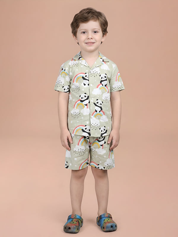 Polka Tots Half Sleeves Panda Rainbow Print Co-ord Shorts - Green