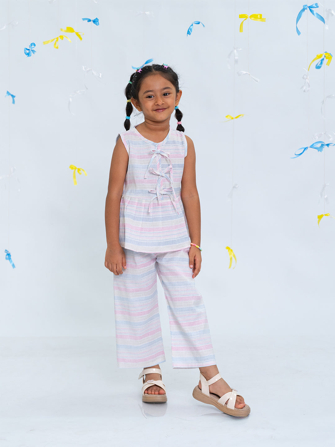 Polka Tots Sleeveless  Statement Bow Top & Bottom Set - Multicolour
