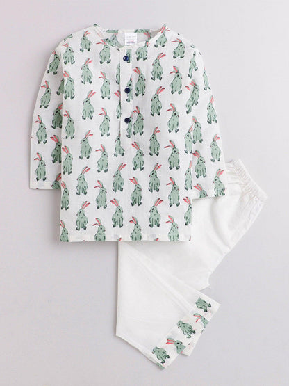 Polka Tots Rabbit print Full sleeves Nightwear Kurta pyjama set - White