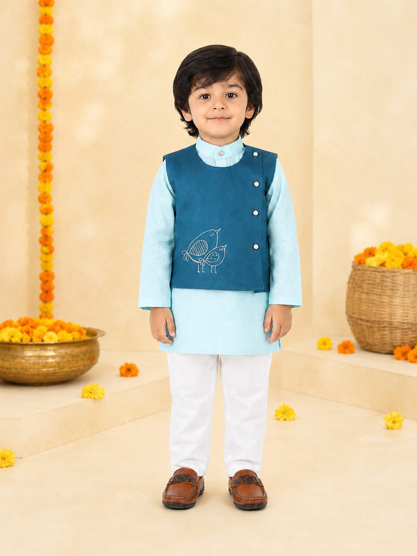 Polka Tots Full sleeves Birds Embroidery Koti Kurta Pyjama - Blue