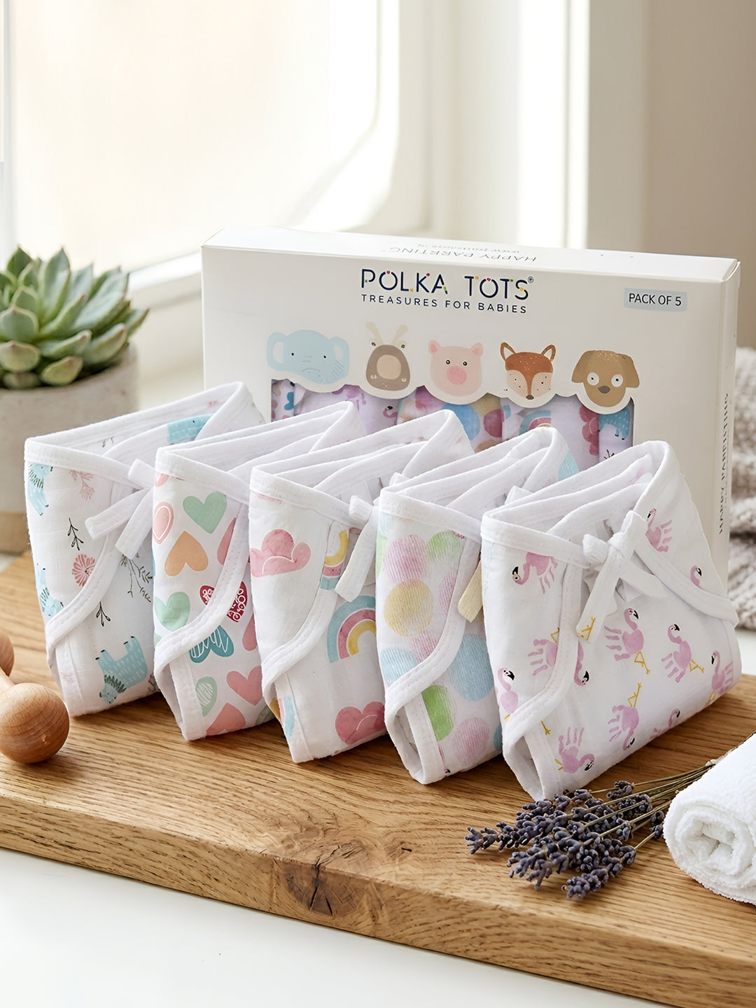 Polka Tots Newborn Pack of 5 100% Soft Muslin Cotton Nappy/Langot Set