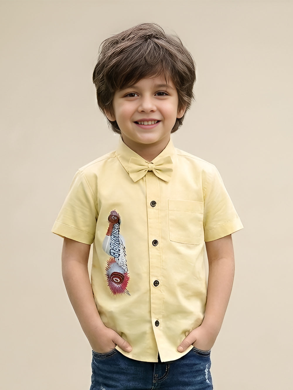 Polka Tots Cotton Regular Fit Roarrr Tyre Metallic Print Shirt With Bow Tie - Yellow
