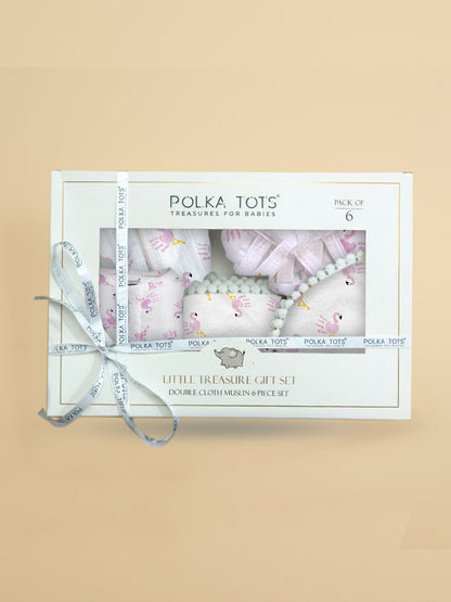 Polka Tots Newborn Pack of 6 100% Soft Double-Layer Muslin Cotton Essentials Gift Box - Flamingo Fingers Print
