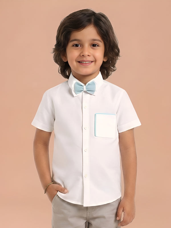 Polka Tots Half Sleeve plain Shirt with Dual Bow Tie - White