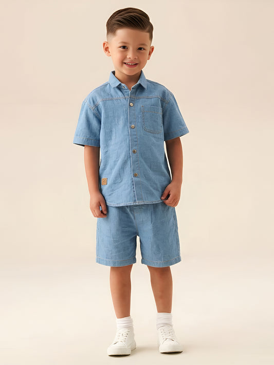 Polka Tots Half Sleeves Textured Denim co-ord set - Light Blue