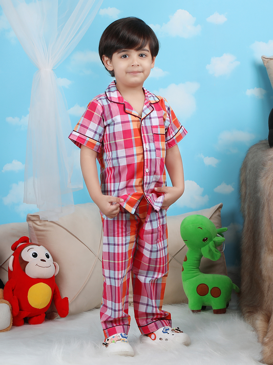 Polka Tots Half sleeves Checkered Night Suit - Magenta