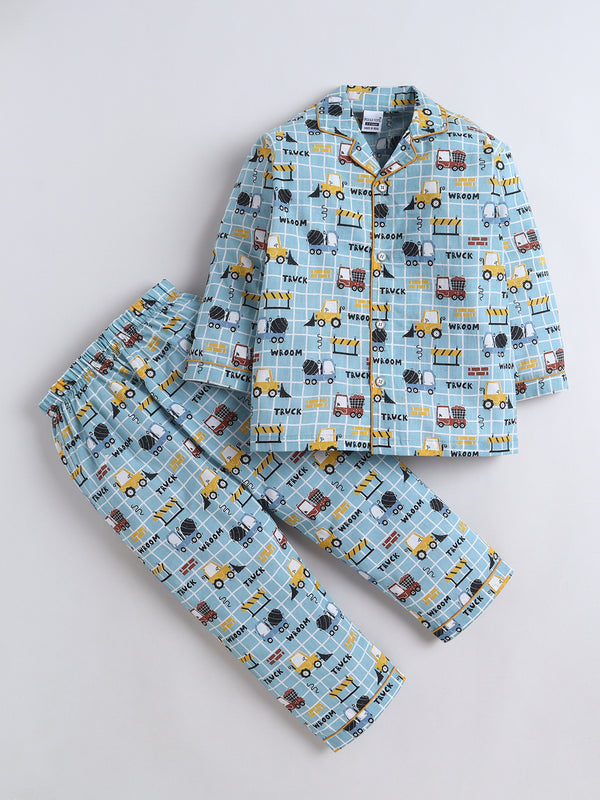 Polka Tots Full Sleeve Truck Print Night Suit- Blue