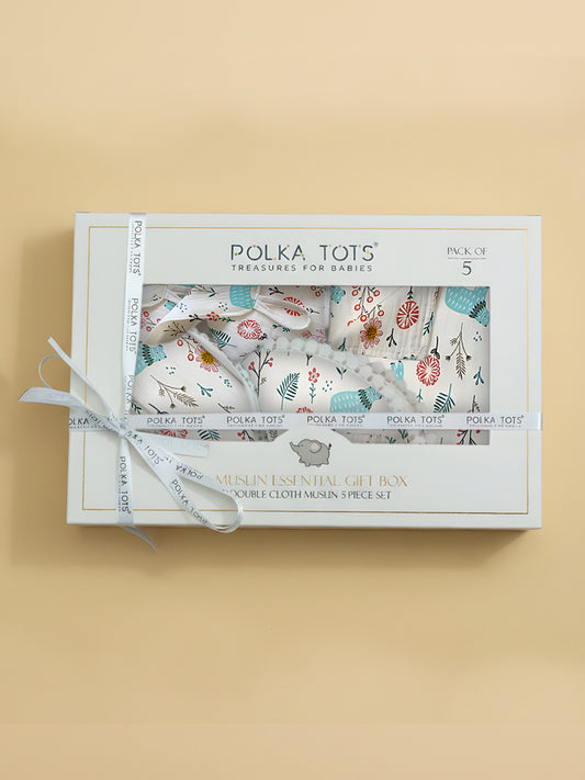 Polka Tots Newborn Pack of 5 100% Soft Double-Layer Muslin Cotton Essentials Gift Box – Bloomy Bear Print