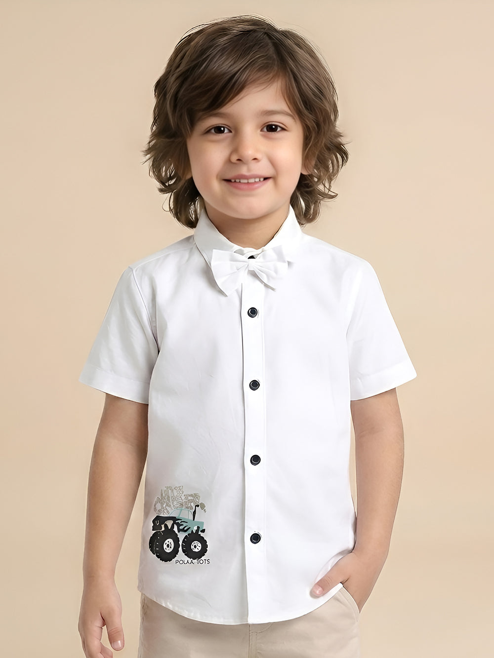 Polka Tots Cotton Regular Fit Little Crusher Diamond Party Wear Kids Shirt With Bow Tie - White