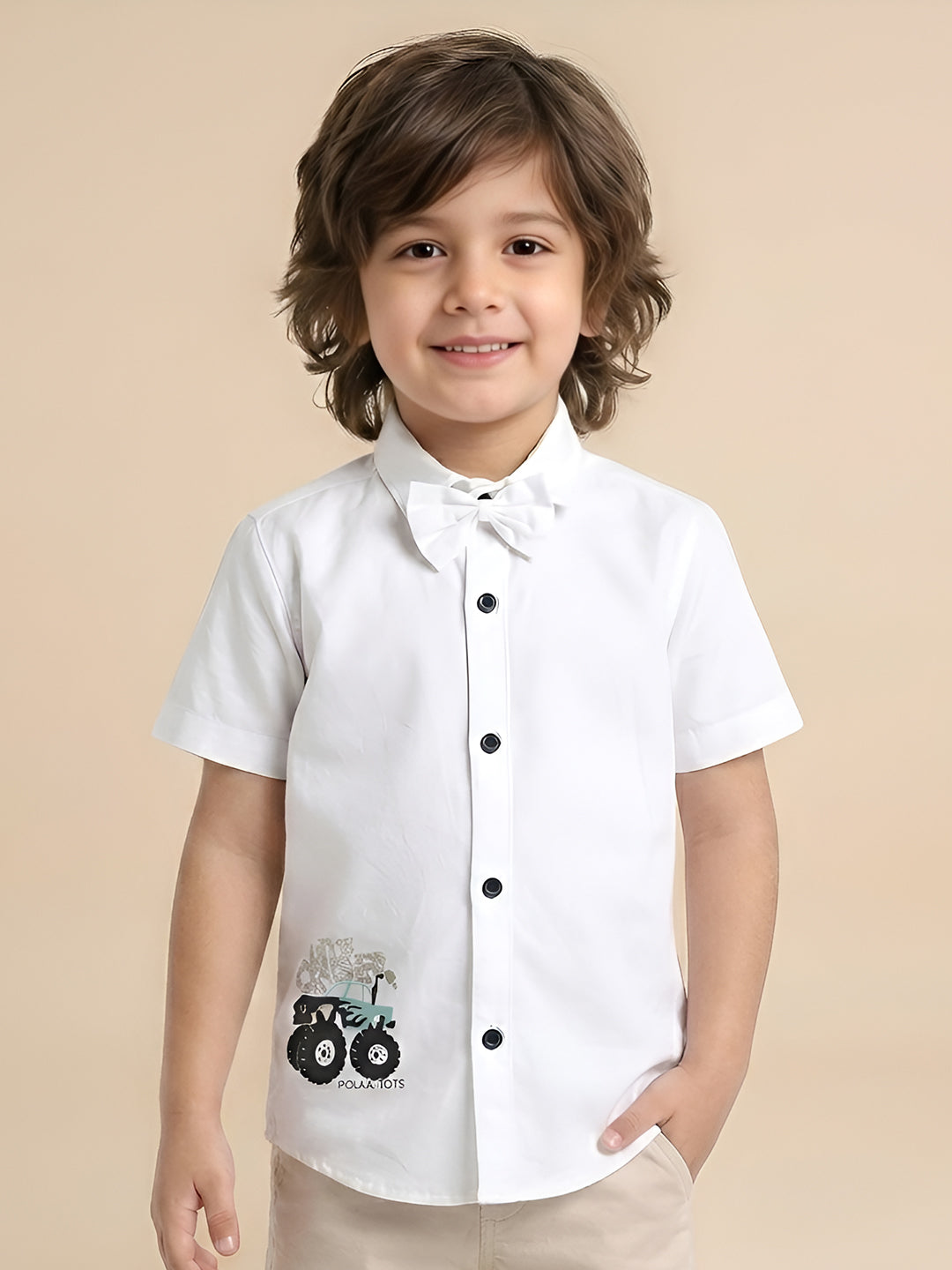Polka Tots Cotton Regular Fit Little Crusher Diamond Party Wear Kids Shirt With Bow Tie - White