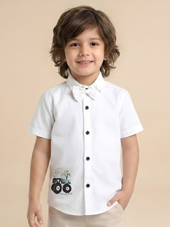 Polka Tots Cotton Regular Fit Little Crusher Diamond Party Wear Kids Shirt With Bow Tie - White