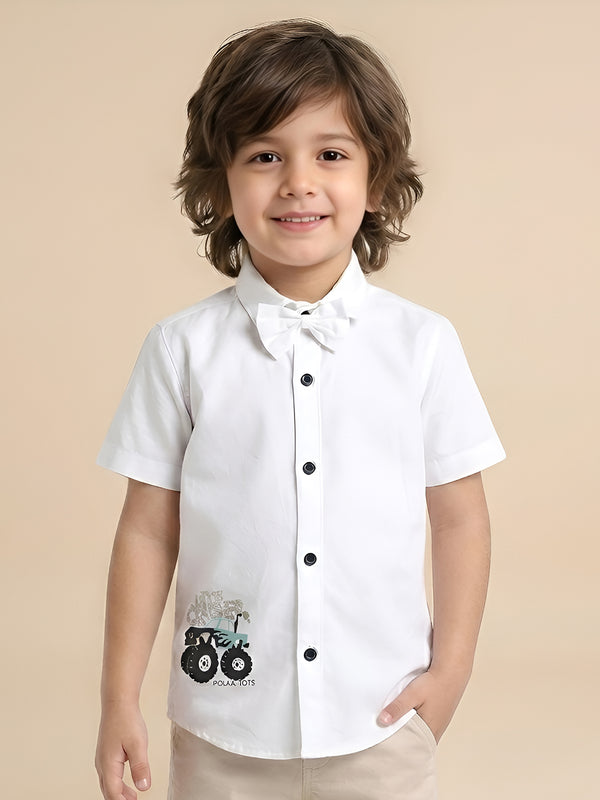 Polka Tots Cotton Regular Fit Little Crusher Diamond Party Wear Kids Shirt With Bow Tie - White