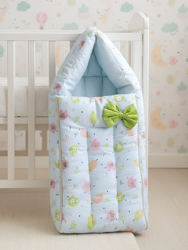 Polka Tots Baby Sleeping Nest Cotton Carry Pod Bedding for Newborn Sleeping Bag with a Bow -Elephant print Blue