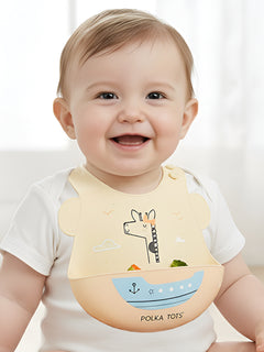 Polka Tots Waterproof Silicone Bibs with Pocket and Adjustable Snaps (Boat)