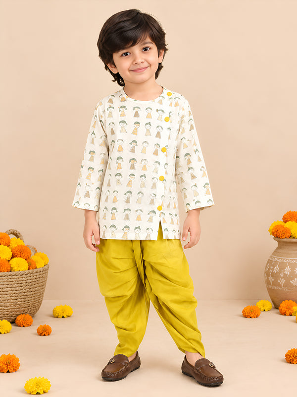 Polka Tots Cotton Full Sleeve Cartoon Print Angrakha Top With Dhoti - Yellow