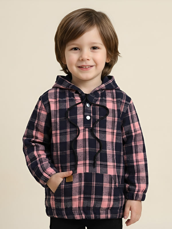 Polka Tots Kids Full Sleeves Checked Hoodie Shirt - Black and Orange