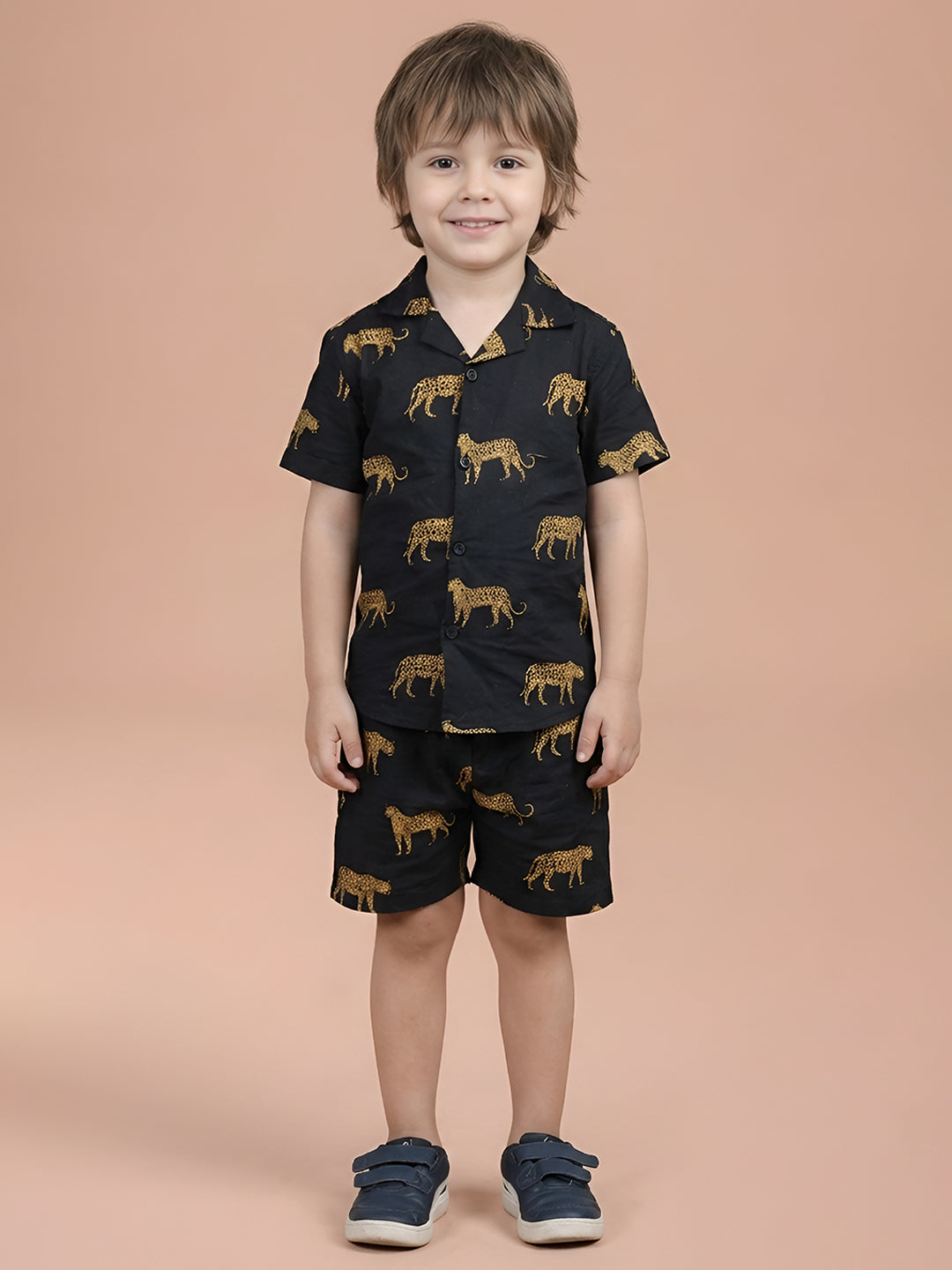Polka Tots Half Sleeves Leopard print Co-ord Shorts - Black