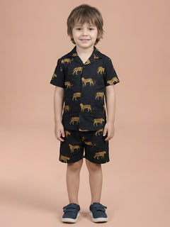 Polka Tots Half Sleeves Leopard print Co-ord Shorts - Black